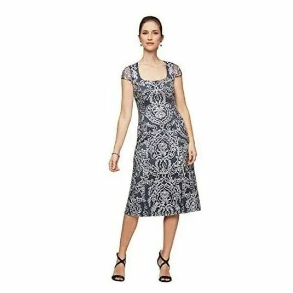 Alex Evenings Dresses & Skirts - ALEX EVENINGS NAVY BLUE SILVER ROSETTE EMBROIDERED FLARE DRESS size 14P